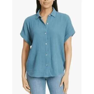 Jessica Simpson Women’s Gauze Button-Down Short Sleeve Shirt, Blue, 2XL